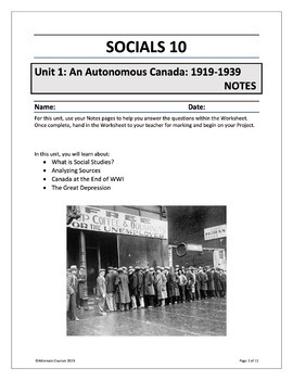 Preview of Socials 10 Unit 1: An Autonomous Canada 1919-1939 NOTES (digital )