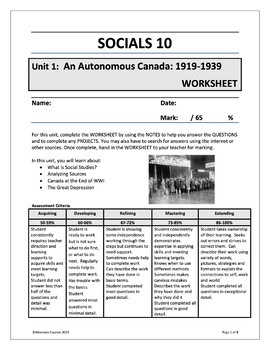 Preview of Socials 10 Unit 1: An Autonomous Canada 1919-1939 WORKSHEET and KEY BUNDLE