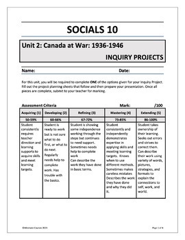 Preview of Socials 10 Unit 2: Canada at War: 1936 – 1946 INQUIRY PROJECTS (digital)