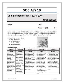 Preview of Socials 10 Unit 2: Canada at War: 1936 – 1946 WORKSHEET AND KEY BUNDLE (digital)