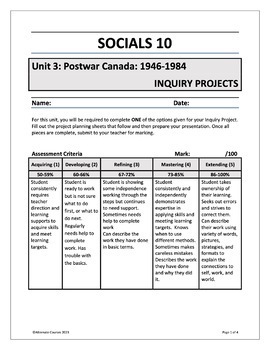 Preview of Socials 10 Unit 3: Postwar Canada: 1946-1984 INQUIRY PROJECTS (digital)