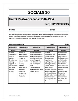 Preview of Socials 10 Unit 3: Postwar Canada: 1946-1984 INQUIRY PROJECTS