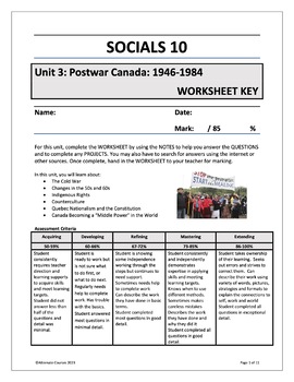 Preview of Socials 10 Unit 3: Postwar Canada: 1946-1984 WORKSHEET KEY