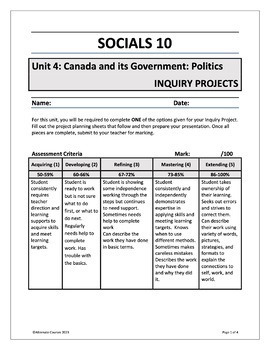Preview of Socials 10 Unit 4: Canada and its Government: Politics INQUIRY PROJECTS (d)