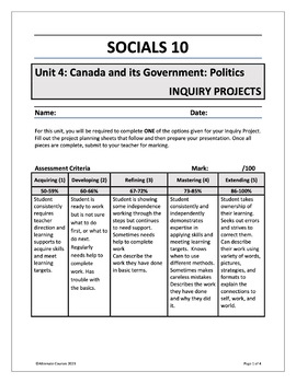 Preview of Socials 10 Unit 4: Canada and its Government: Politics INQUIRY PROJECTS