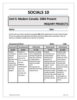 Preview of Socials 10 Unit 5: Modern Canada: 1984 – Present INQUIRY PROJECTS (digital)
