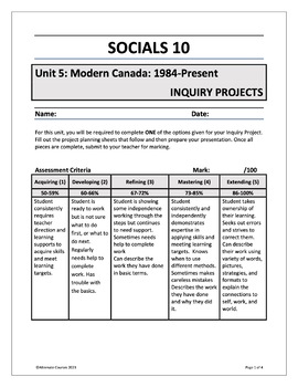 Preview of Socials 10 Unit 5: Modern Canada: 1984 – Present INQUIRY PROJECTS