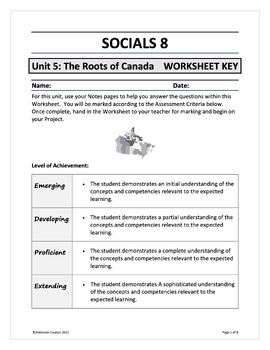 Preview of Socials 8 Unit 5: The Roots of Canada WORKSHEET KEY (digital)