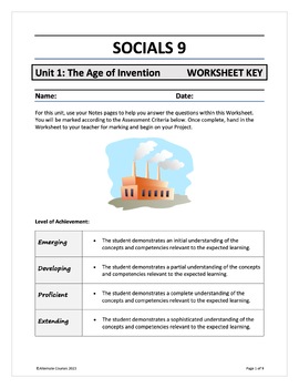 Preview of Socials 9 Unit 1: Age of Invention WORKSHEET ANSWER KEY (digital)
