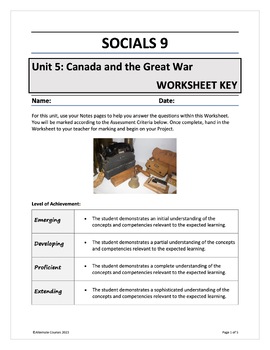 Preview of Socials 9 Unit 5: Canada and the Great War WORKSHEET ANSWER KEY (digital)