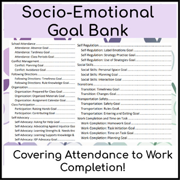 Preview of Socio-Emotional IEP Goal Bank with Baseline & Intervention Tips