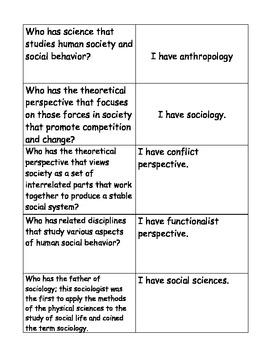 Preview of Sociology: "I have who has" review game for final exam