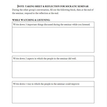 Preview of Socratic Seminar Fishbowl Style Note-taking sheet and reflection