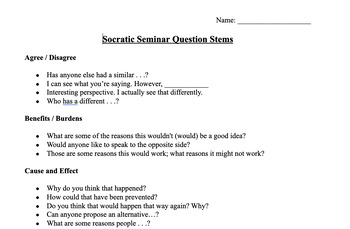 Preview of Socratic Seminar Question Stems