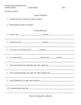 Preview of Socratic Seminar Response Form
