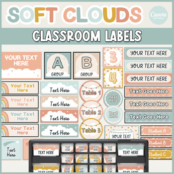 Preview of Soft Clouds Classroom Labels Editable Templates | Bin Organization