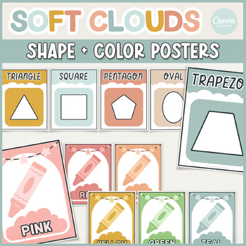 Preview of Soft Clouds Classroom Shapes and Colors Printable Display | Editable