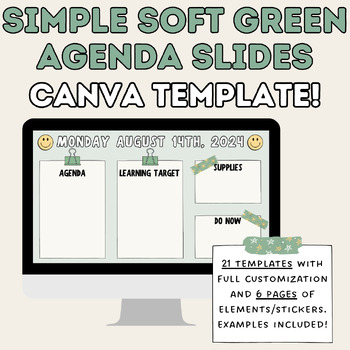 Preview of Soft Green Agenda Slides - Editable CANVA Template!!
