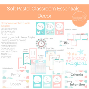 Preview of Soft Pastel Classroom Essentials Decor Pack