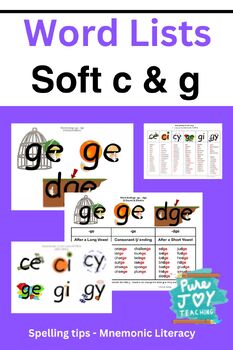Preview of Soft c and g Anchor Charts, Word lists, Mnemonic Literacy | Spelling tips