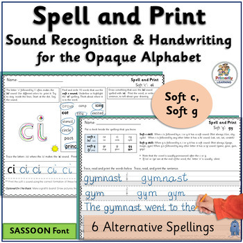 Preview of Soft c and g Spelling Activities and Printing Practice - SASSOON Font