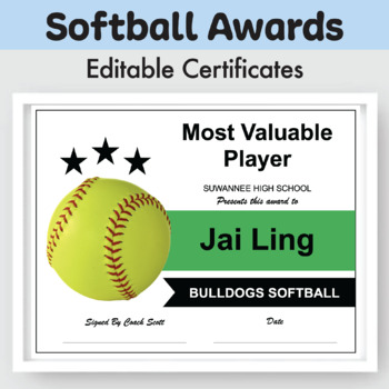 Preview of Softball Banquet Editable Award Certificates | For Coaches, K-12 Sports Teams