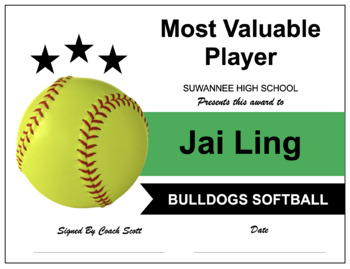 INSTANT DOWNLOAD - Baseball Player of the Game Certificate - great tool for  coach or team mom - team sports - award