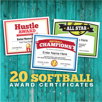 Preview of Softball Certificates - 20 Editable Award Templates