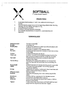 Preview of Softball Student Handout and Rules Sheet