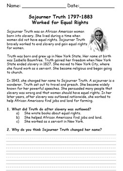 Preview of Sojourner Truth Passage and Questions