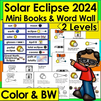 Preview of Solar Eclipse 2024 Mini Books 2 Levels + Illustrated Word Wall Kinder & First