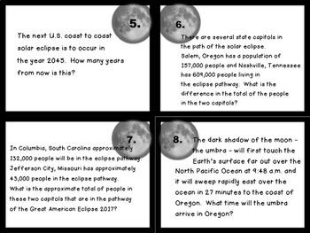 Solar Eclipse 2017 Math Task Cards by HOPING 2 HELP | TpT