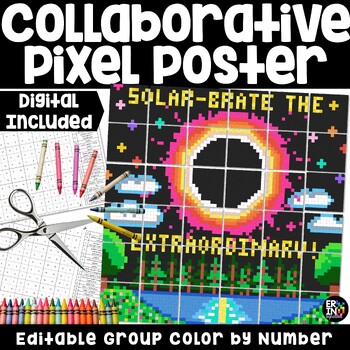 Preview of Solar Eclipse 2024 Collaborative Pixel Poster STEM Color by Number