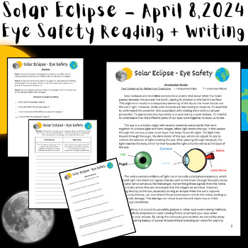 Preview of Solar Eclipse 2024: Eye Safety Middle School Reading/Writing Task