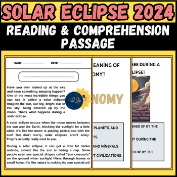 Preview of Solar Eclipse 2024 Reading & Comprehension Passage | 1st to 3rd grade