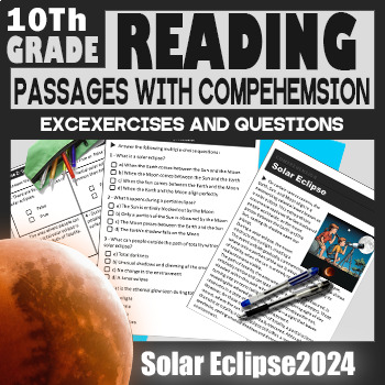 Preview of Solar Eclipse 2024 Reading Comprehension Passage and exercises for 10th  grade