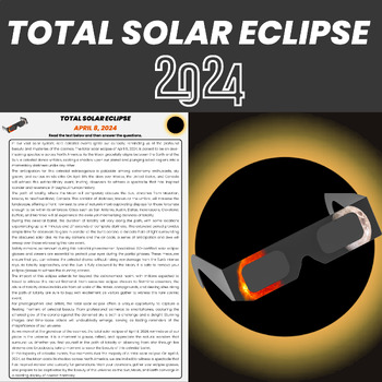 Preview of Solar Eclipse 2024 Reading Comprehension Passage