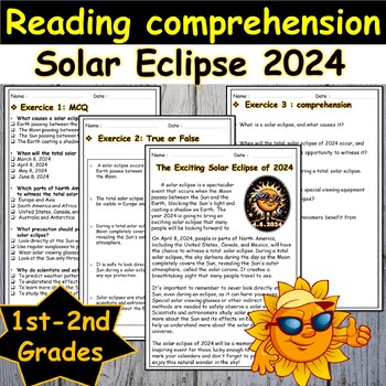 Preview of Solar Eclipse 2024 reading Comprehension Passage  activities 1st-2nd grades moon