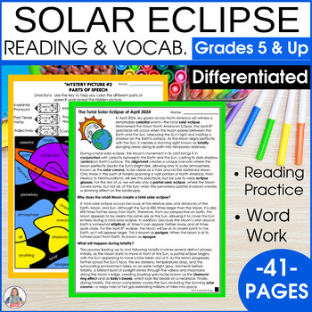 Preview of Solar Eclipse Activities 2024 Reading Comprehension Worksheets & Color By Code