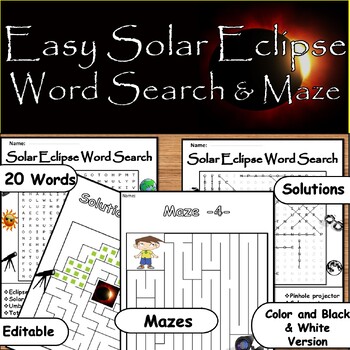 Preview of Solar Eclipse April 8th, 2024:Elementary Easy Word Search & Maze/20 word Puzzles