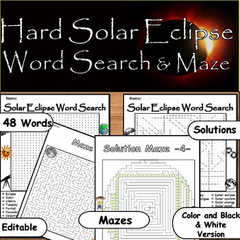Preview of Solar Eclipse April 8th, 2024:Hard Word Search & Maze with 48 Words Find Puzzles