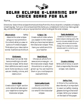 Preview of Solar Eclipse Choice Board-- Upper Elementary ELA