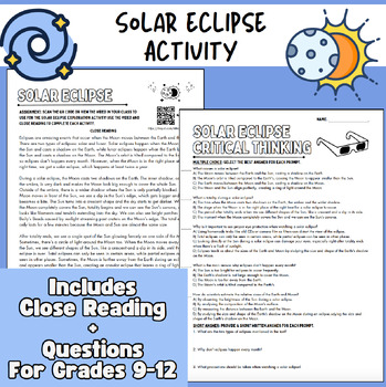 Preview of Solar Eclipse Close Reading & Questions | Solar Eclipse Packet | Grades 9-12