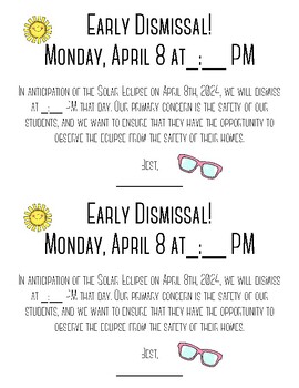 Preview of Solar Eclipse Early Dismissal Note Home