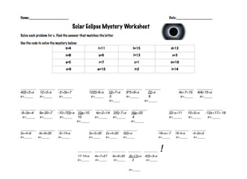 Preview of Solar Eclipse Mystery Worksheet (solving equations)
