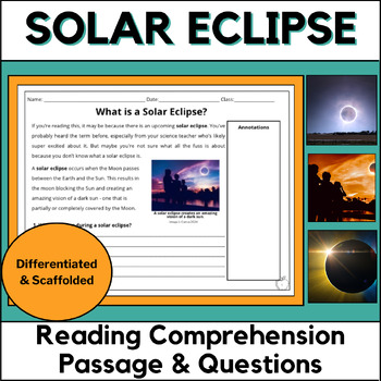 Preview of Solar Eclipse Reading Comprehension Passage and Questions - PDF