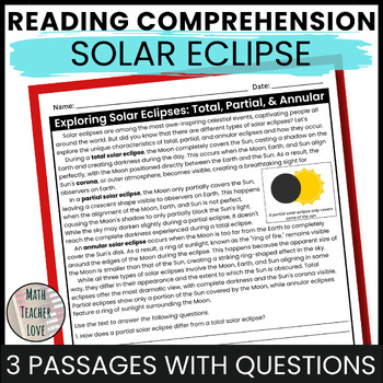 Preview of Solar Eclipse Reading Comprehension Set for Upper Elementary: 3 passages
