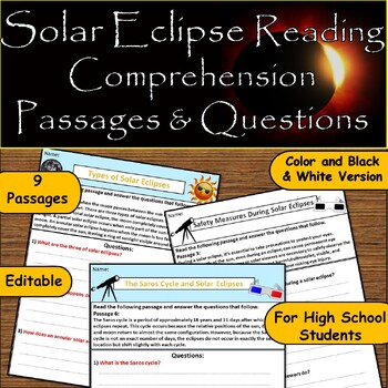 Preview of Solar Eclipse Reading Comprehension for High: Passages and Questions/Saros Cycle