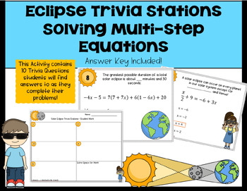 Preview of 2024 Solar Eclipse Math Trivia- Solving Multi-Step Equations Station Activity