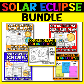 Preview of Solar Eclipses 2024 Science Sub Plans + Writing Papers PNG+ Coloring Pages